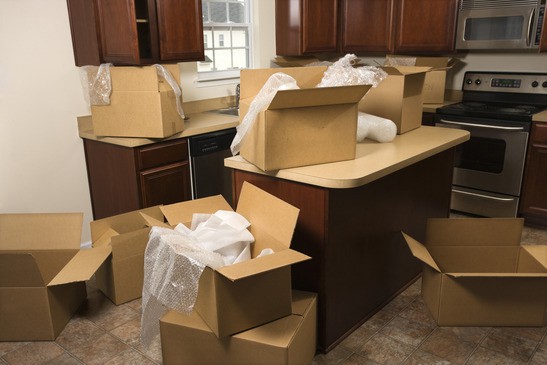 Moving boxes in kitchen.